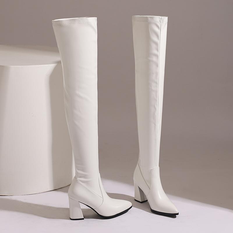 Women's High-heeled Boots Sexy European and American Style Pointed Thick Heel Solid Color Large Size Knee Elastic Boots