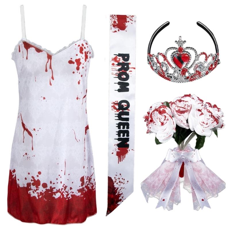 Halloween Abschlussballkönigin Kostüm Blutiges Nachthemd Kleid Abschlussballkönigin Schärpe Kronen Stirnband Cosplay Verkleidungsparty Zubehör
