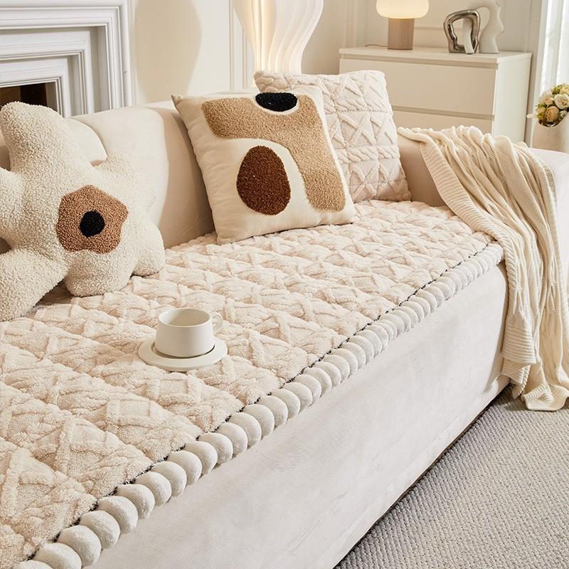 Solid Color Thicken Plush Sofa Cover Simple Furniture Protector Universal Non-slip Washable Couch Blanket for Living Room