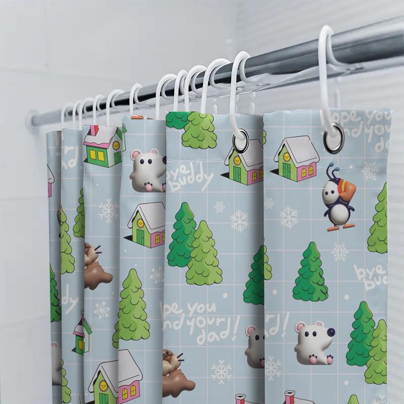 Whimsical Christmas Shower Curtain With Adorable Animal Design Blue Background Decorative Bathroom Liner For Home Decoration Gif
