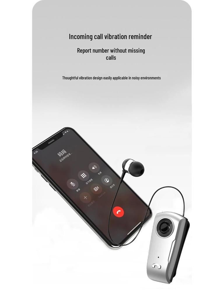 Clip-On Bluetooth Headset with Digital Display, Stereo Sound, Long Battery Life, and Retractable Cable