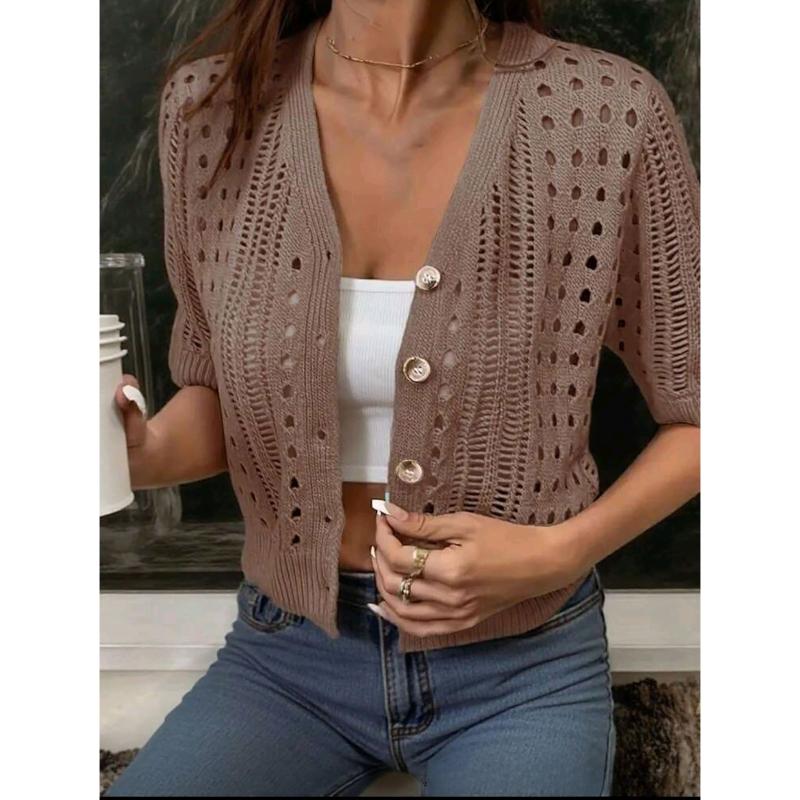 Knitted Women's Hollow-out Cardigan for Summer Women's Hollow-out Short Sleeve Cardigan Coat Short Sleeve Button Down Knit Jacket Hollow-out Design