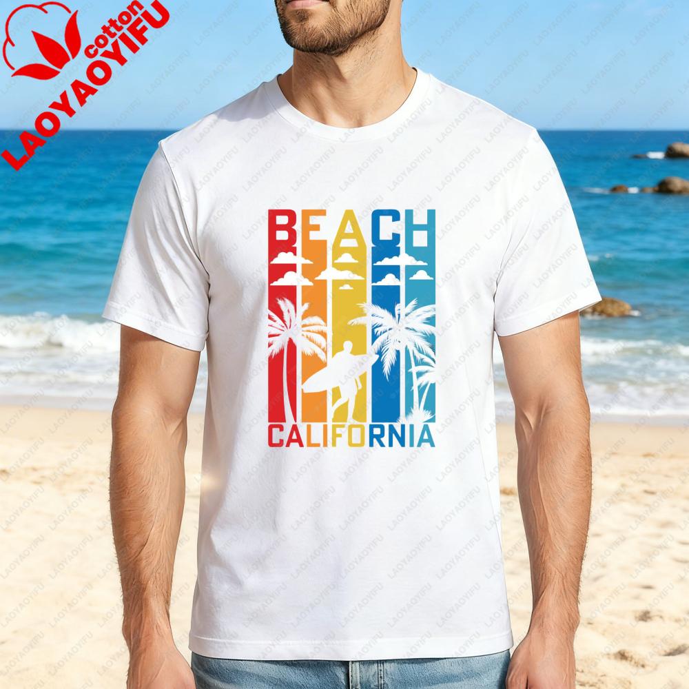 Beach California Palm Tree Surfer Sunset Design Unisex Cotton TShirt Summer Vacation Travel Outfit Casual Wear For Men And Women S