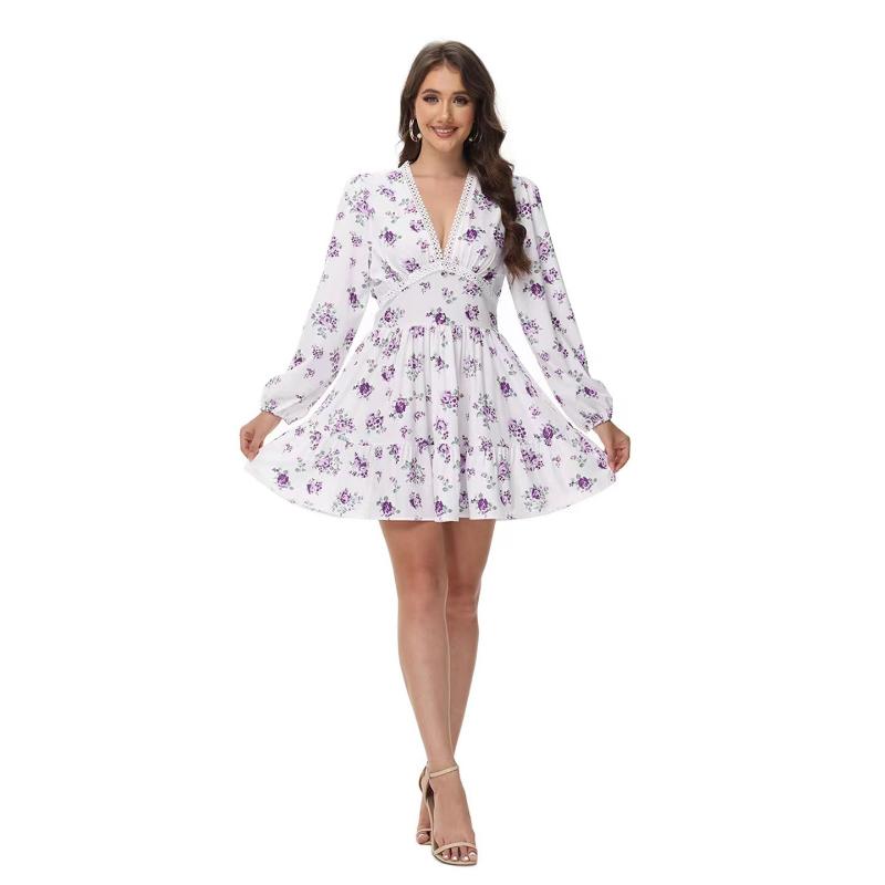 Summer V-Neck Lace Long Sleeve Dress Floral Printed Slim Fits Sexy Dress Sweet High Waist A-line Mini Dress