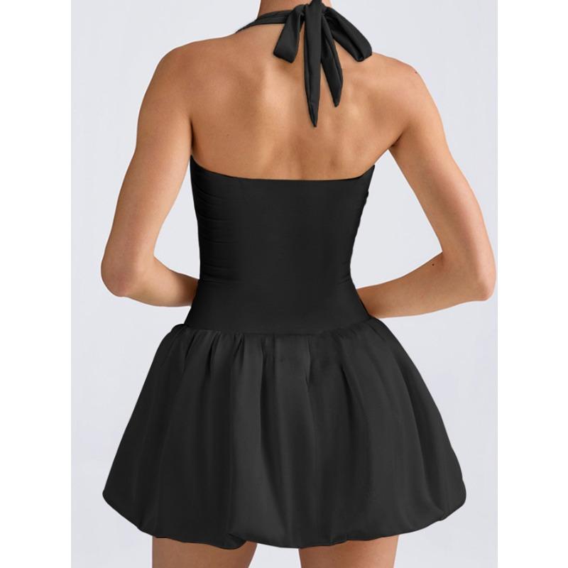 Women's Summer Pleated Backless Sexy Lace Up One Line Neck Princess Dress