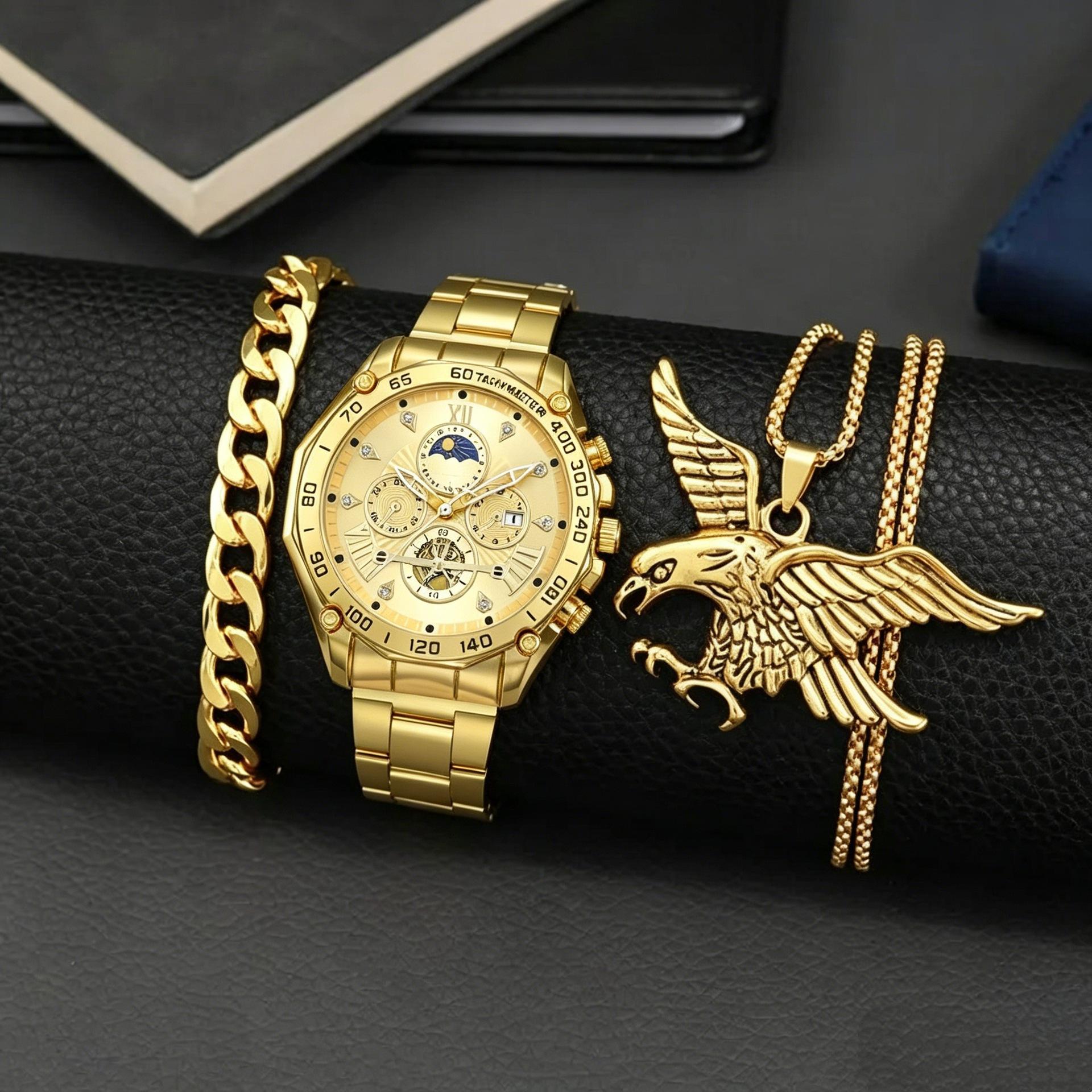 Men S Steel Belt Men S Watch Bracelet + Eagle Necklace + Watch Three-Piece Jewelry Set Watch