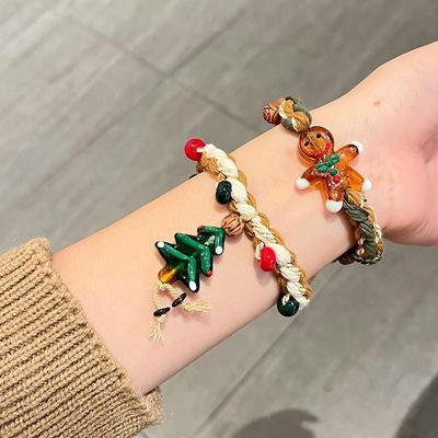 Gingerbread Man Christmas Tree Bracelet: Cute Cartoon Braided Rope for Girls - Retro & Versatile Hand Jewelry