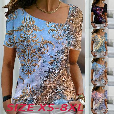 T-shirt da donna per escursione con base a maniche corte con colletto irregolare con paillettes con stampa 3D