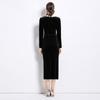 Spring Autumn Women V-neck Vintage Black Velvet Slim Bodycon Evening Party Pencil Dresses