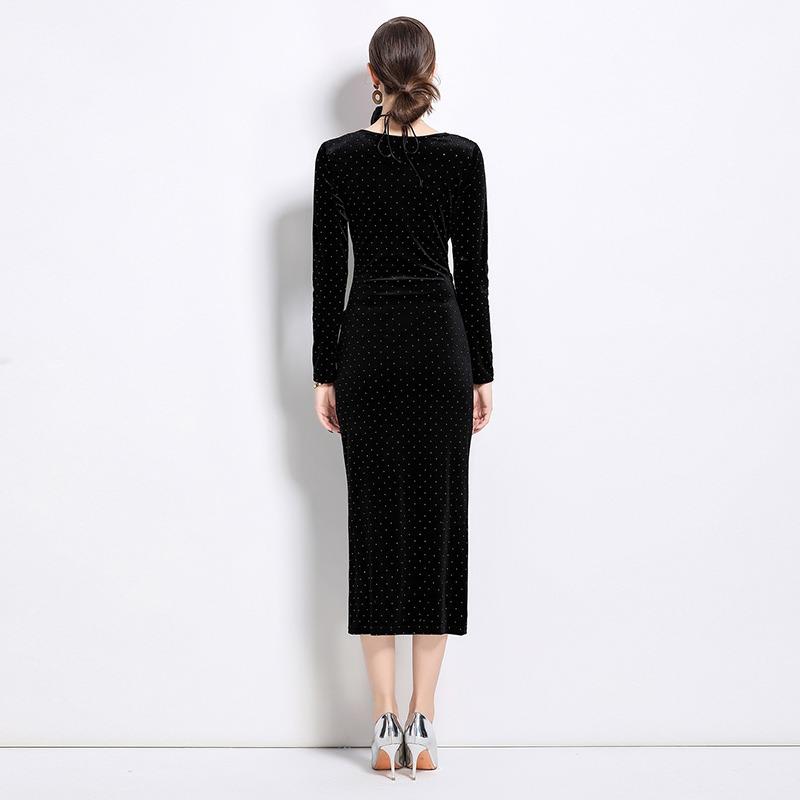 Spring Autumn Women V-neck Vintage Black Velvet Slim Bodycon Evening Party Pencil Dresses