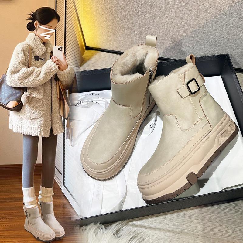 Winter velvet snow boots for women, thick-soled casual leather short boots, high-top thickened warm cotton shoes
