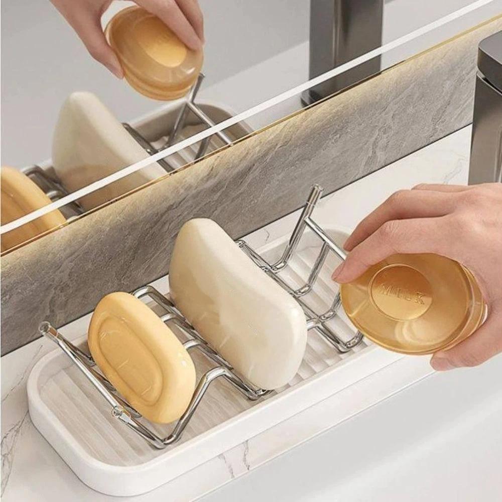 New Self Draining Stainless Steel Soap Rack Multifunctional with Tray Bathroom Storage Rack Multi-scene Soap Dish Bathroom Use