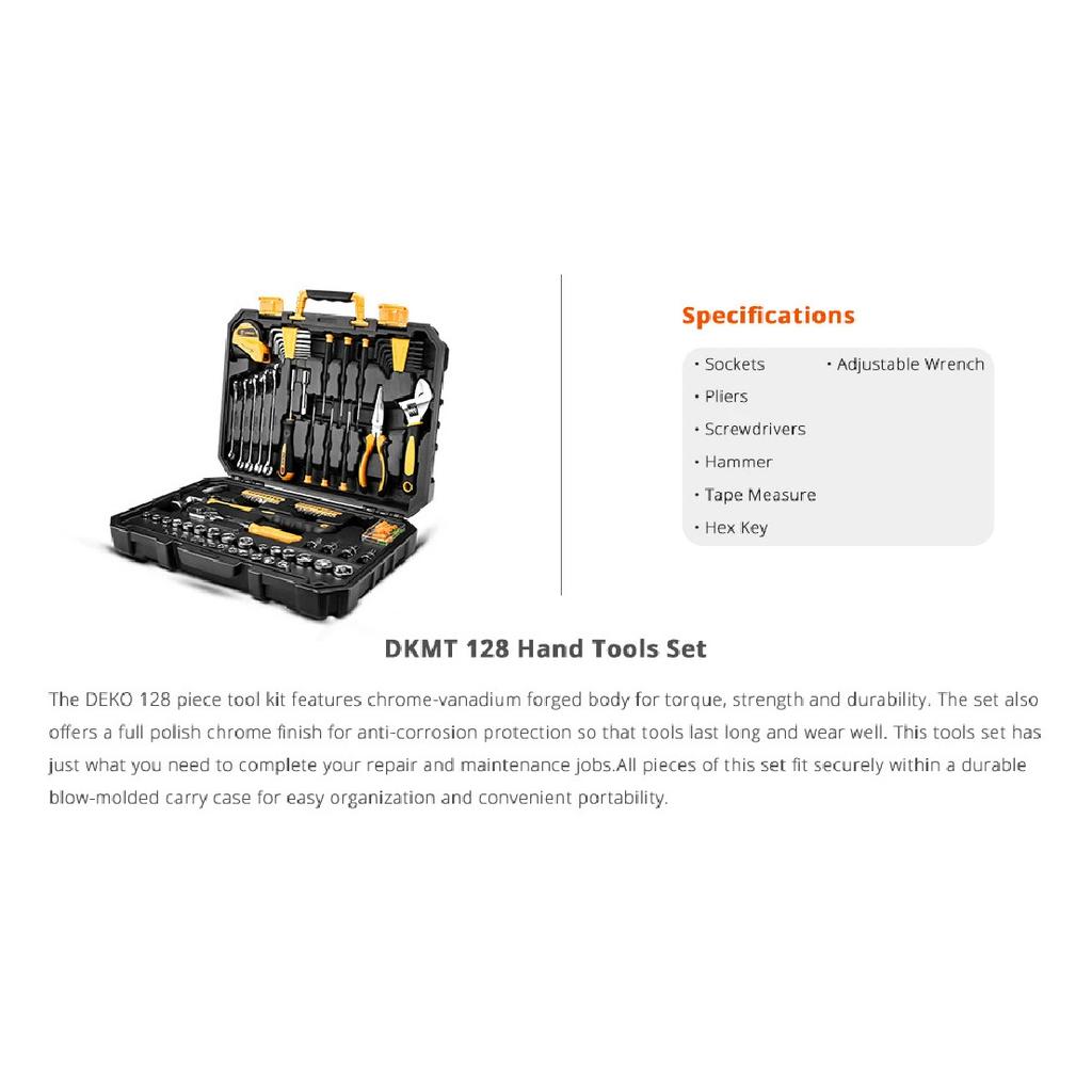 DEKO DKMT128/DKMT196 Home DIY Tool Set Auto Repair Combination Package Hand Tool Kit with Plastic Tool Box, Screwdriver, Hammer