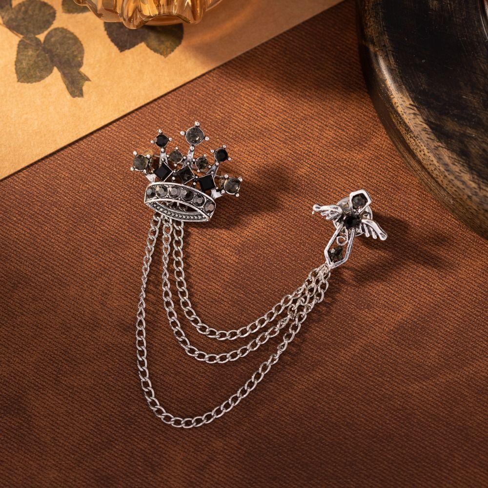 Rhinestone Crown Tassel Brooch Cross Suit Collar Pin Unique Suit Lapel Pin Male Charm