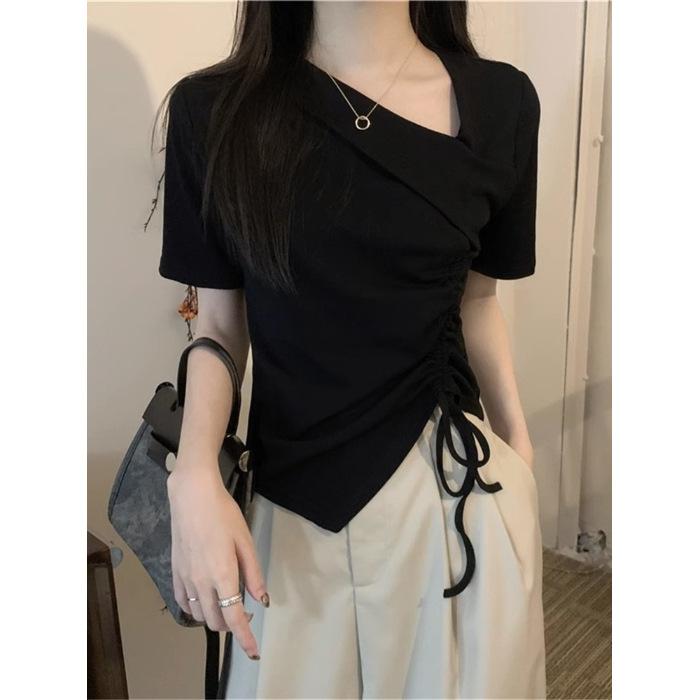 Irregular Drawstring Short-sleeved T-shirt Women's Summer New Design Sense American Spice Girl V-neck Front Shoulder Short Top