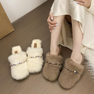 Thick-bottomed Fluffy Slippers for Women's Outer Wear 2025 Autumn and Winter New Beaded Accessories Fashion Foreign Style Home High-end Cotton Slipper