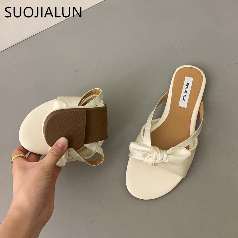 Fashion SUOJIALUN 2025 Summer New Brand Women Slipper Fashion Bow-knot Slip On Ladies Sandal Shoes Flat Heel Outdoor Casual Dress Slide