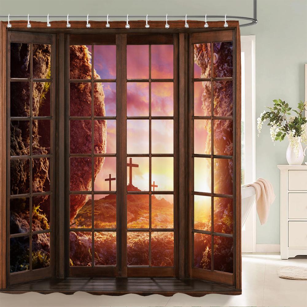 All Kinds Of 3D Scenery Windows Shower Curtains Home Decoration Curtains With Hooks Can Be Washed Waterproof Fabric 240X180Cm