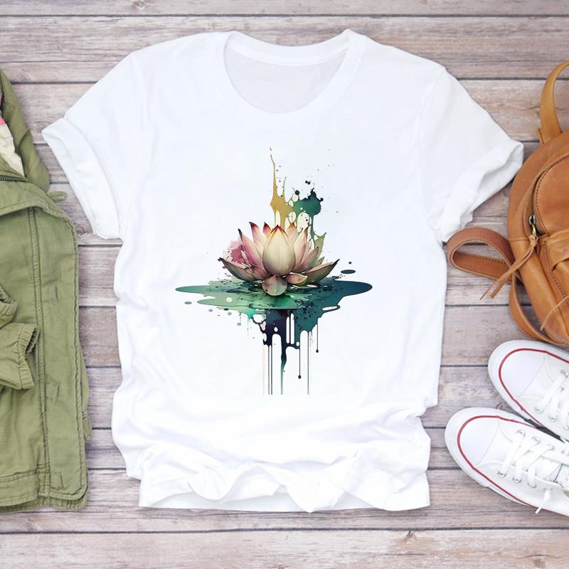 (European Size) 90s Tee Top Clothing Flower Watercolor Trend Cute Casual Short Sleeve Fashion T-shirt Women Print Lady Female Graphic T-shirt