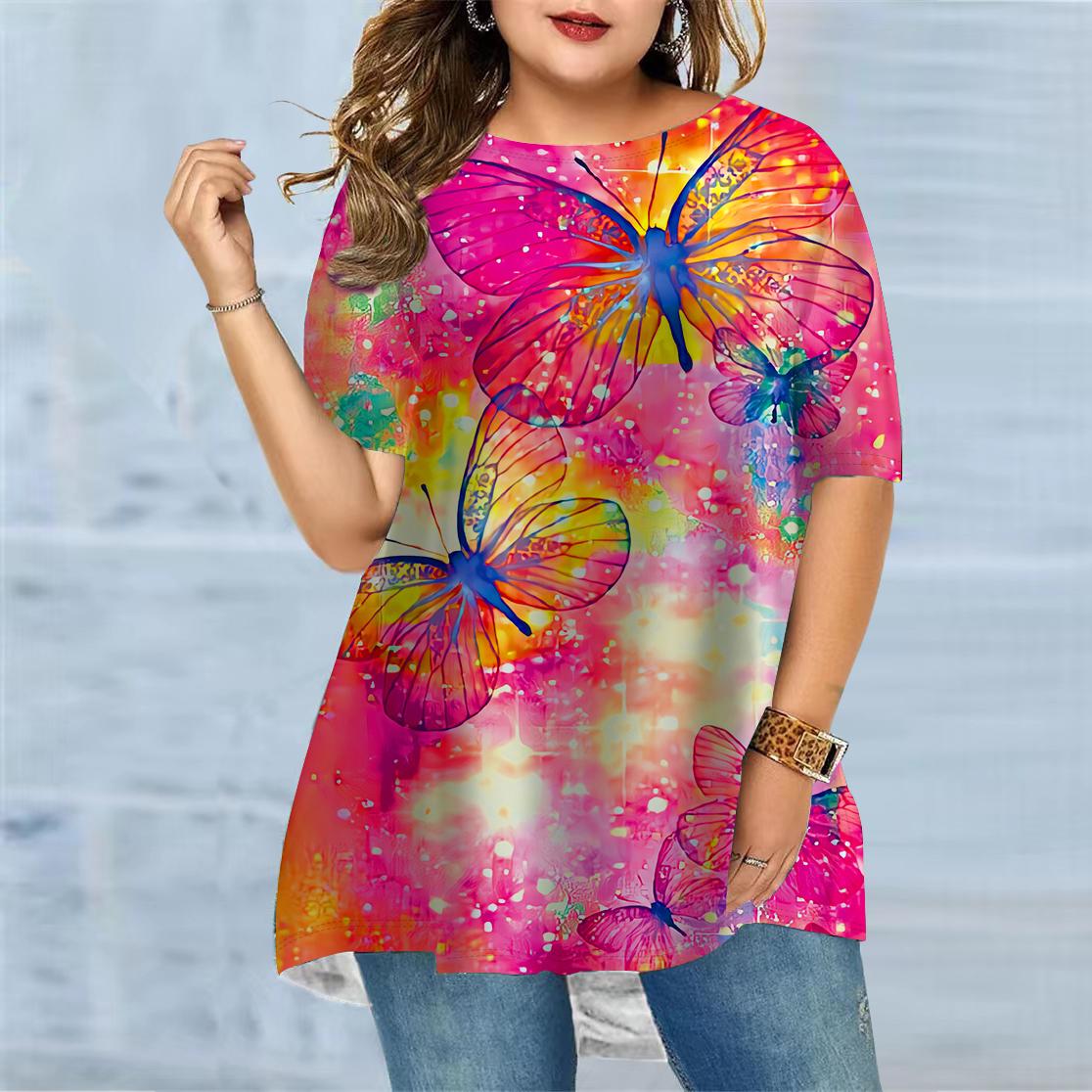 Женская летняя футболка с принтом бабочки и сказочной страны больших размеров — фото 3