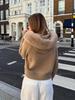 Cardigan da donna con cappuccio e zip color kaki, maglione, cappello in pelliccia, cardigan bianco lavorato a maglia, cappello peloso, giacca lavorata a maglia, maglione caldo nero da donna con fodera, autunno inverno
