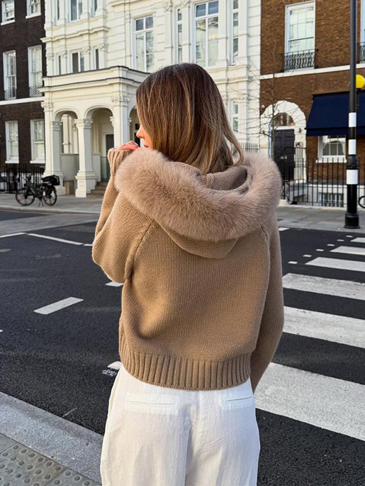 Cardigan da donna con cappuccio e zip color kaki, maglione, cappello in pelliccia, cardigan bianco lavorato a maglia, cappello peloso, giacca lavorata a maglia, maglione caldo nero da donna con fodera, autunno inverno