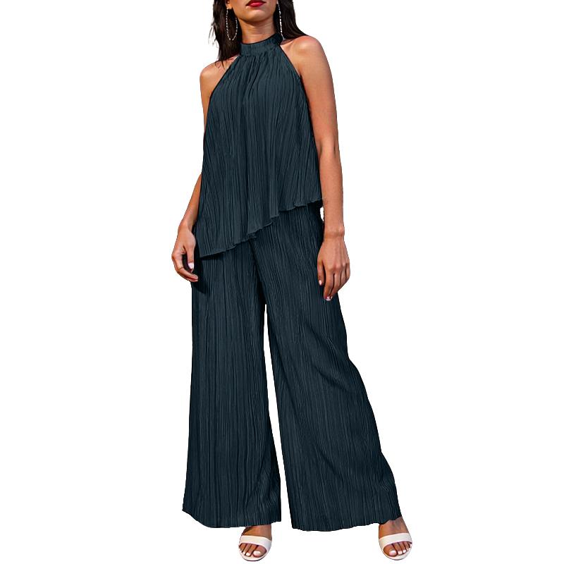 

ZANZEA Женские топы без рукавов с открытыми плечами и брюки Летние костюмы-двойки L тёмно-синий