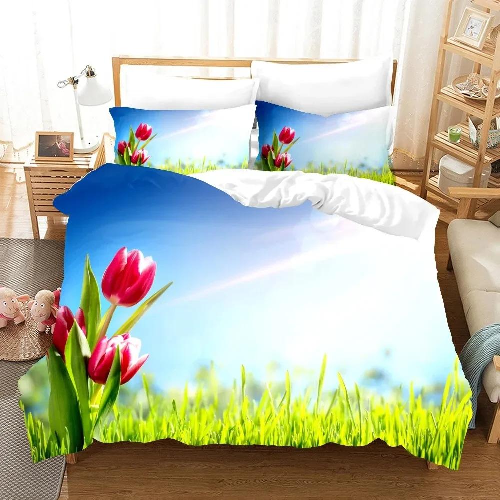 Fiori Tulipano Rosa Paesaggio Elegante Set Biancheria da Letto Singolo Gemello Matrimoniale Queen King Cal King Size Letto Set in Lino