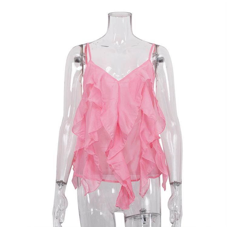 Summer women's clothing design ruffle edge sling vest new simple fashion casual versatile V-neck top