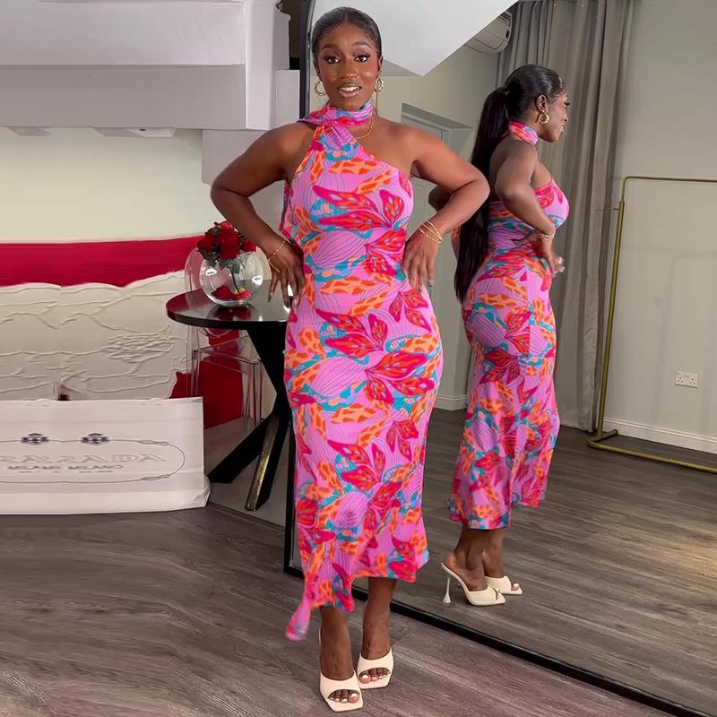 

Женское платье Лето Темперамент Сладкая висячая шея Тонкие платья средней длины без рукавов с принтом S розовый