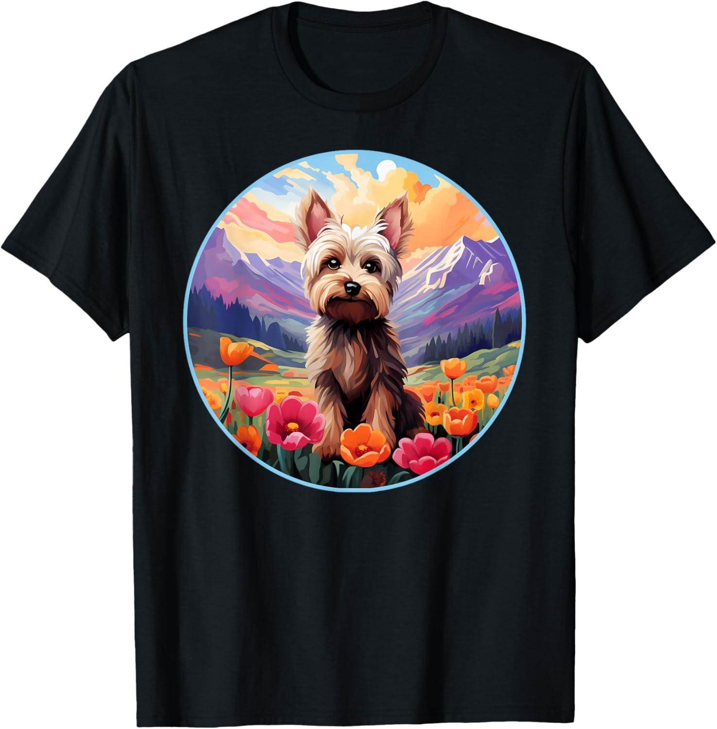 Cute Yorkie Yorkshire Terrier Flower Mountain Sunset T-Shirt S