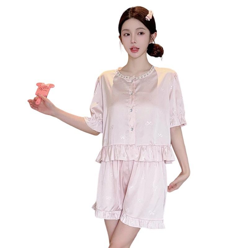 Pajamas Women's Short-sleeved Shorts Set Summer New Women's Pajamas Korean Version Lace Round Neck Fresh and Breathable Loungewear