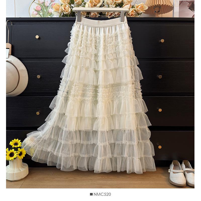 Elegant French Ruffled Multi-layered A-line Fluffy High-waisted Pleated Skirt for Women - Autumn 2025 Collection