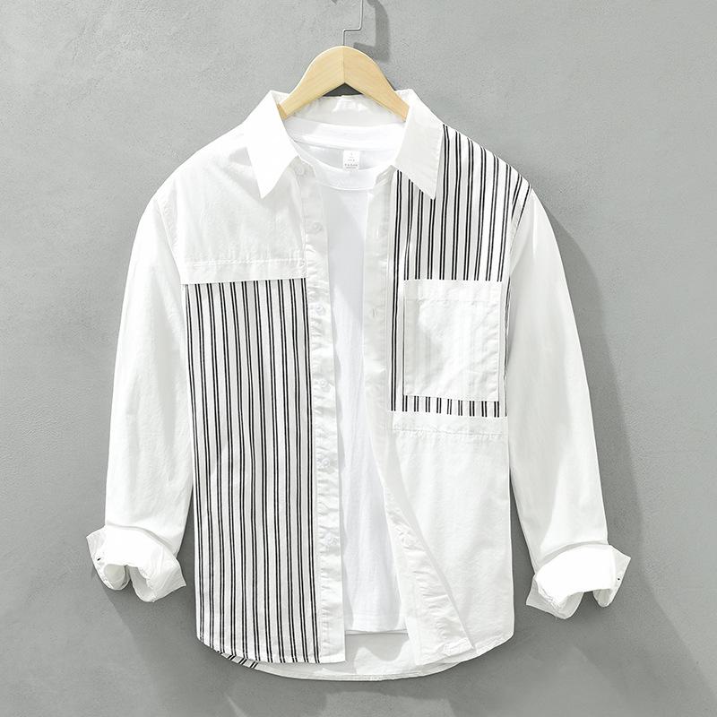Spring Summer100 Cotton Long Sleeve White Shirt Men Square Patchwork Striped Shirt Korean Fashion Mens Shirt Daily Casual Tops