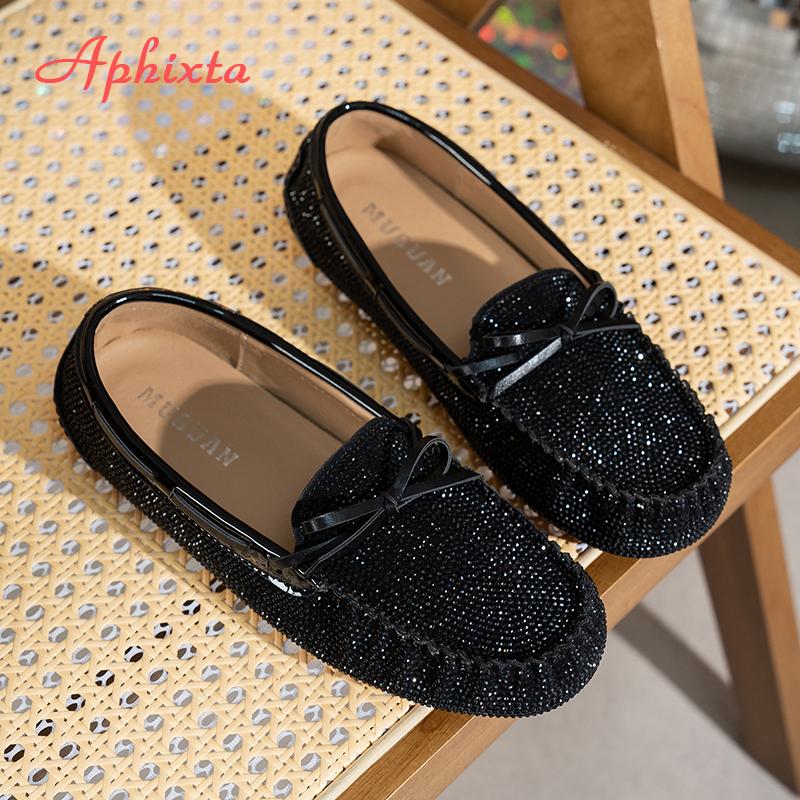 Fashion Aphixta 2025 New Luxury Crystal Shallow Woman Shoes Pink Bow Loafers Spring Woman Fashion Shoes Concise Rubber Sole Shoes Woman