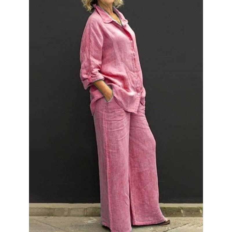 Women's Linen 2-Piece Outfit, Button Down Shirt & Wide Leg Pants Casual Loungewear Set