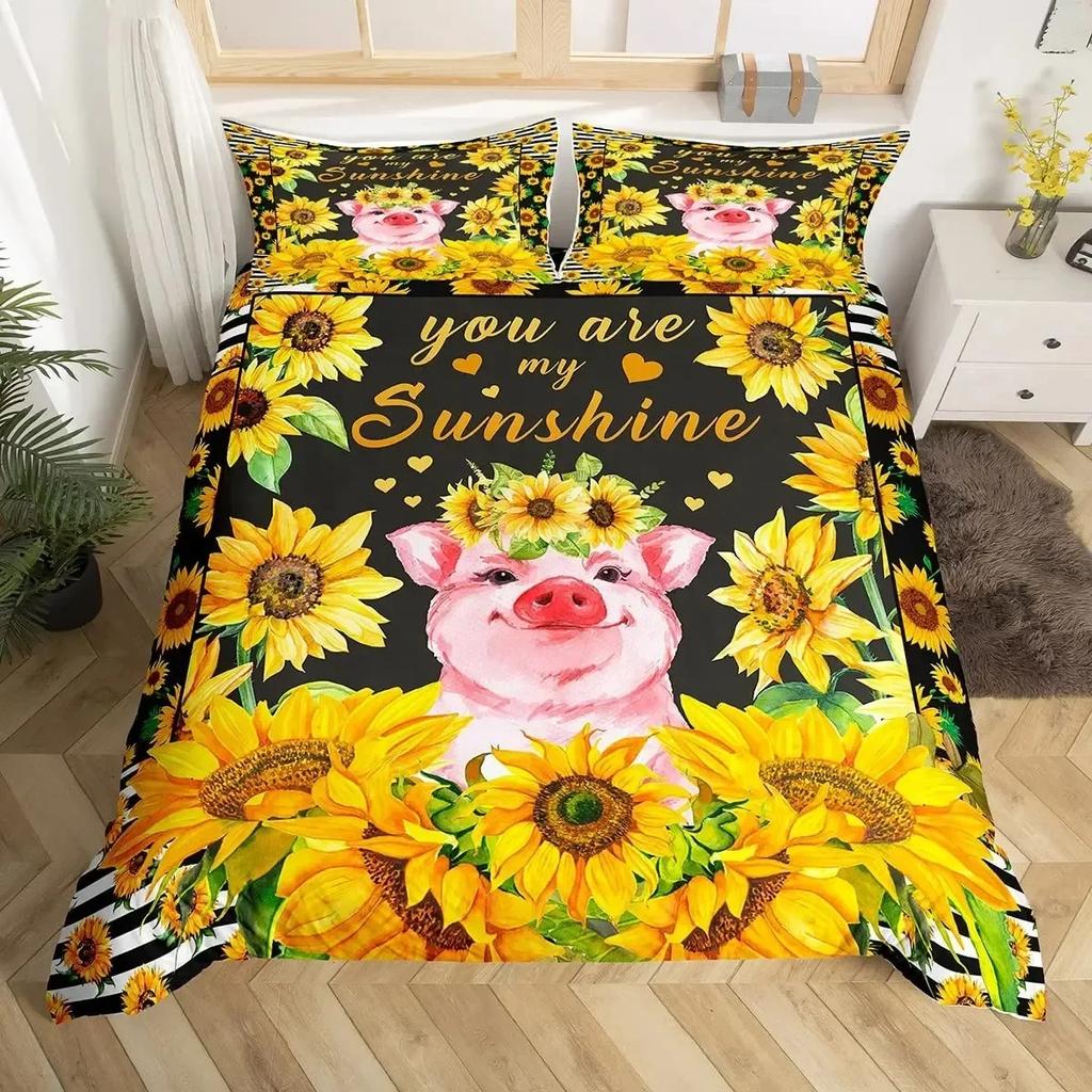 Cute Pig sunflowers Florals Pink Grid Lattice Plaid Comfortable Duvet Quilt Cover Pillowcase Bedding Set Bedroom Home Textile