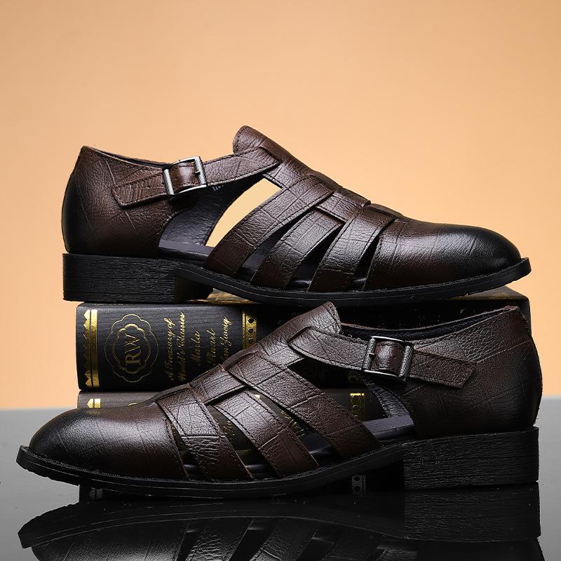 

Чоловіче взуття 2025 весна нові повсякденні шкіряні туфлі з перфорацією, дихаючі туфлі з гострим носком, чоловічі, корейська версія, шкіряні сандалі з закритою п ятою 47 коричневий