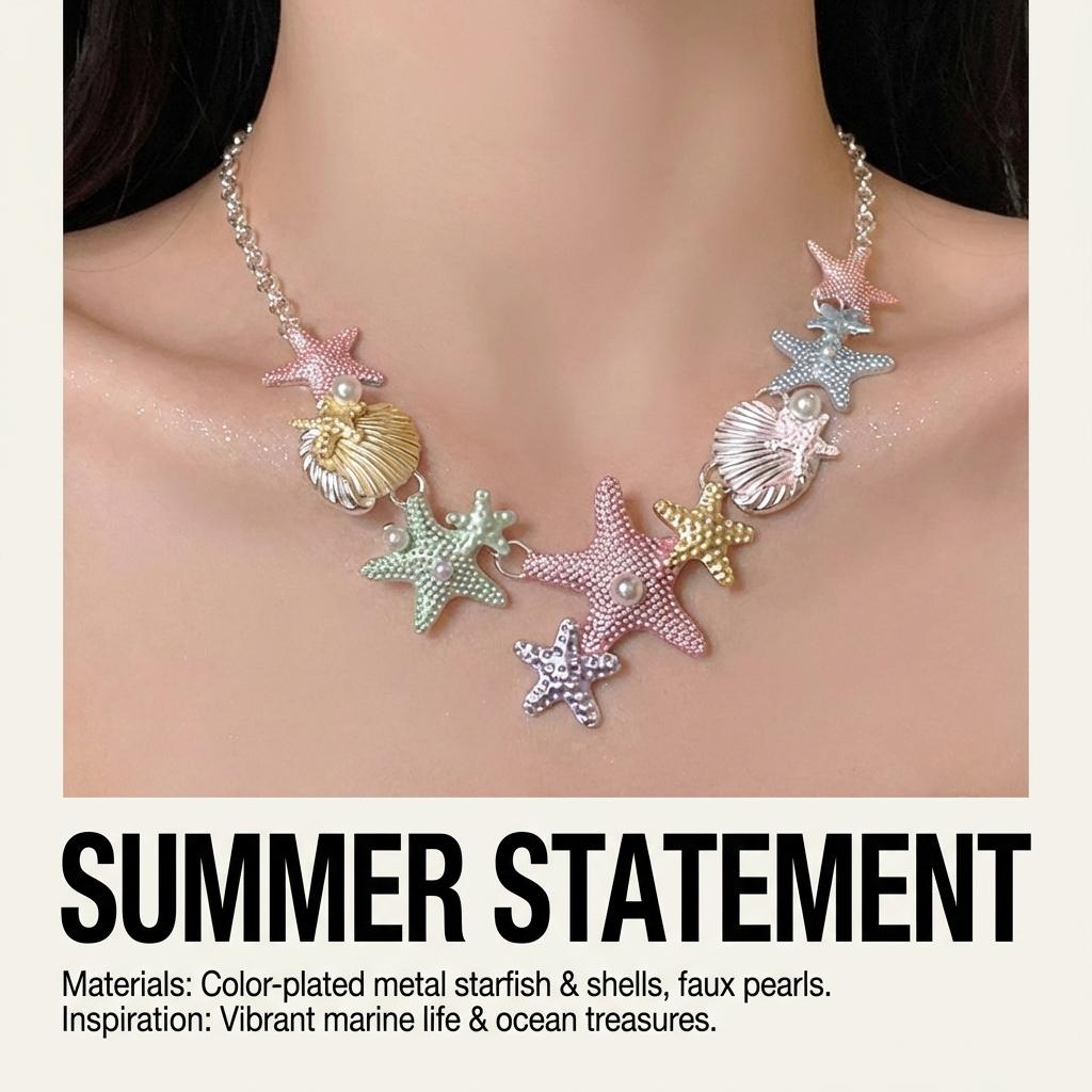 Summer Beach Colorful Vibe Starfish Shell Necklace for Women Imitation Pearl Choker Clavicle Chain Holiday Party Jewelry Gift