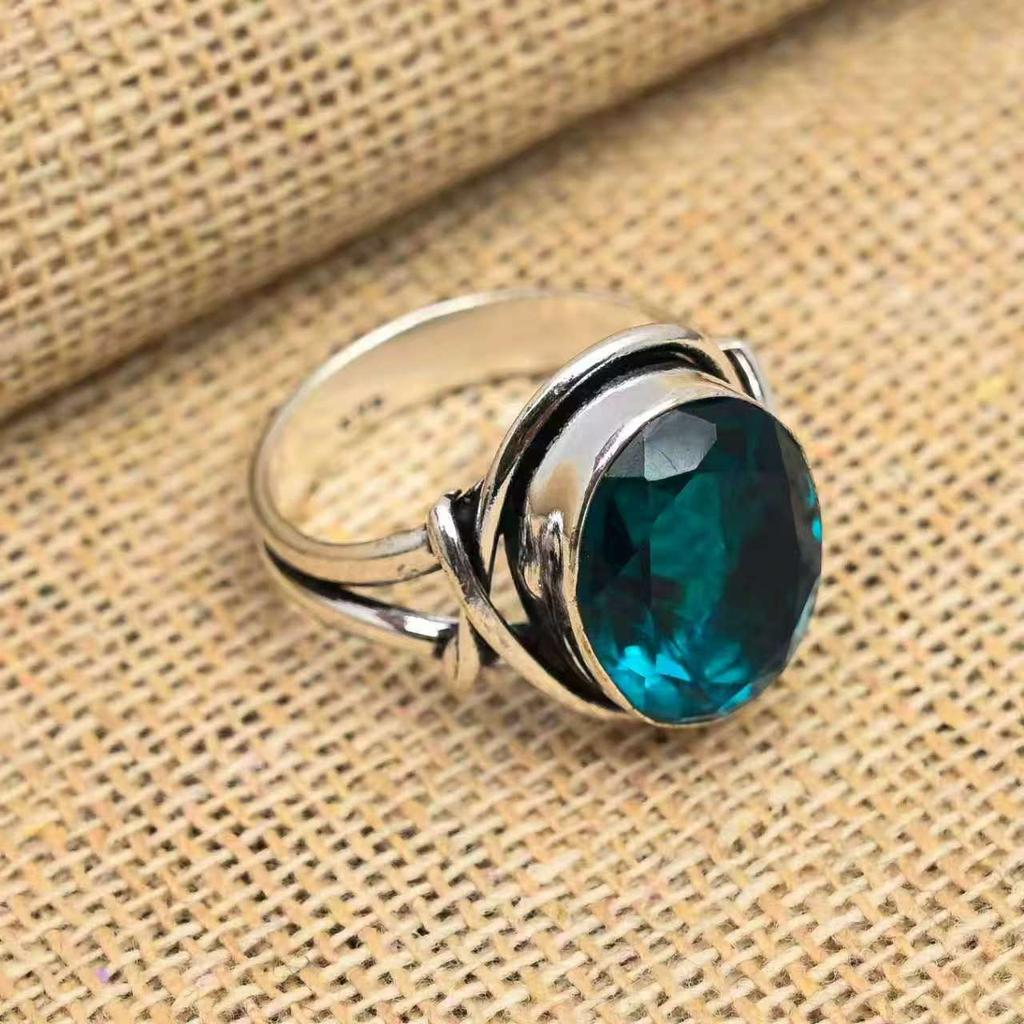 Vintage Two Color Inlaid Imitation Pearl Blue Pattern Womens Ring Geometry Hollow Daily Wear Party Jewelry
