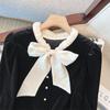 Bow Shirt for Women In Spring, Autumn, and Winter with A Sense of High-end Design, Gentle Temperament, and A Black Velvet Top with Bubble Sleeves
