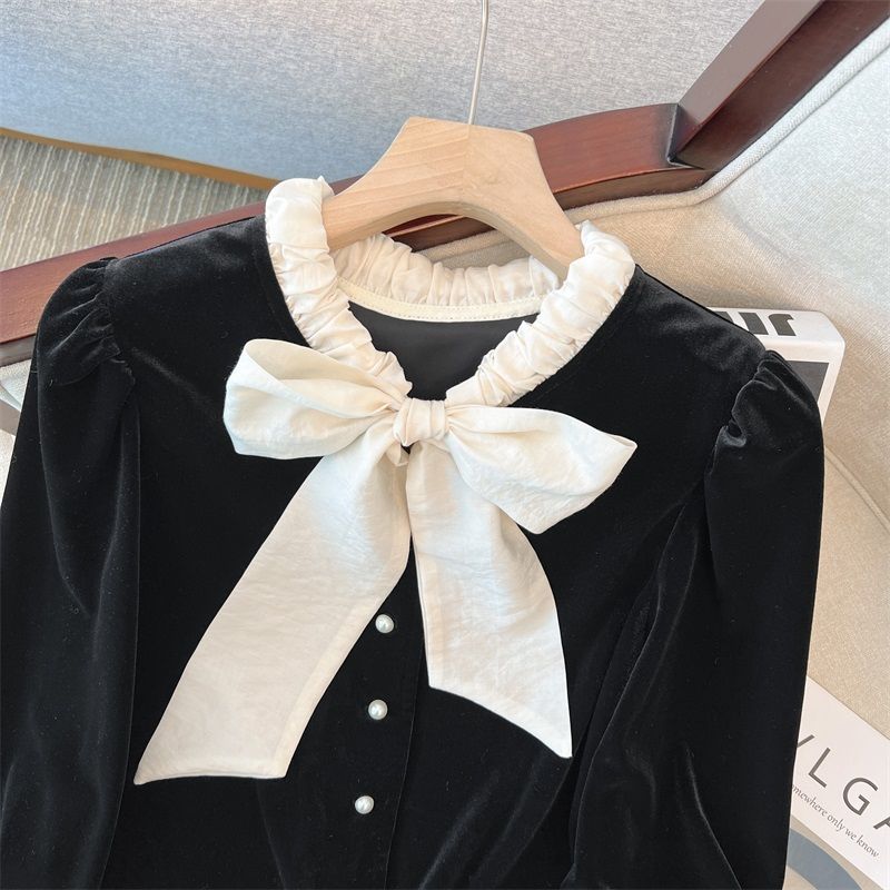 Bow Shirt for Women In Spring, Autumn, and Winter with A Sense of High-end Design, Gentle Temperament, and A Black Velvet Top with Bubble Sleeves