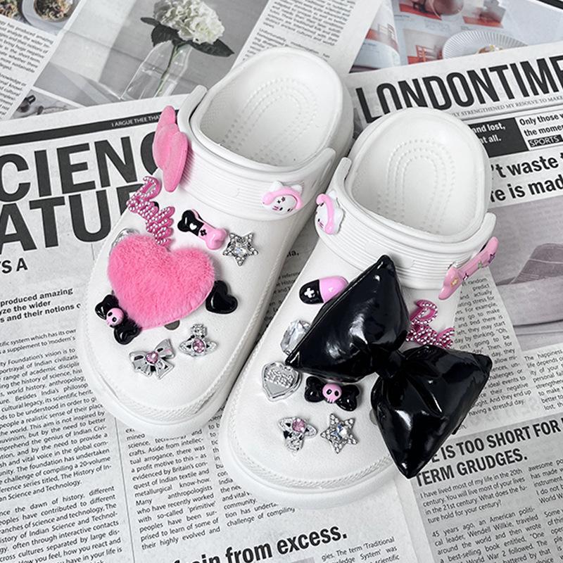 Croc Accessories: DIY Barbie Pink Y2K Emo Shoe Charms with Dark Butterfly Heart Design