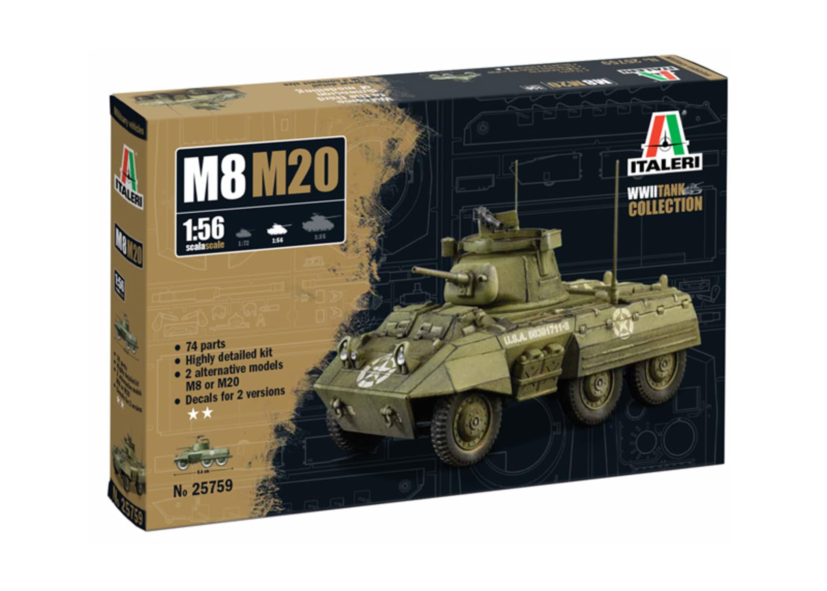 

Italeri 1/56 Вторая мировая война Американский бронеавтомобиль M8/M20 Greyhound Пластиковый набор для сборки IT25759
