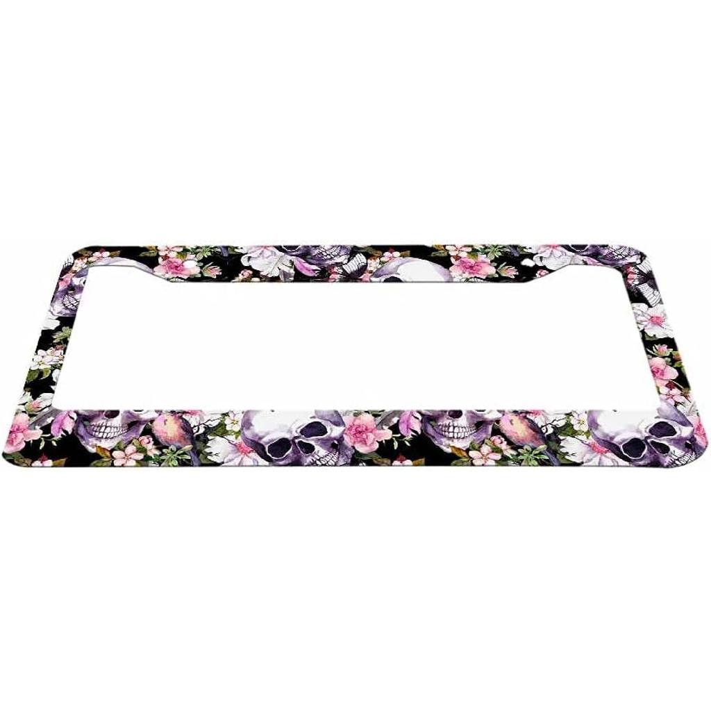 Decorative License Plate Frame Sugar Skull and Flower Car Tag Frame Aluminum Auto License Plate Holder for Men Women