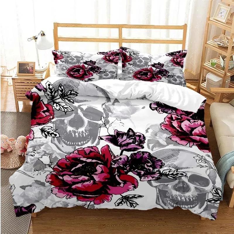 Socker Skalle Påslakanset Queen Size Blommor Skelett Sängkläder Dubbelt Sängklädesset Med Örngott King Size Skalle Täcke