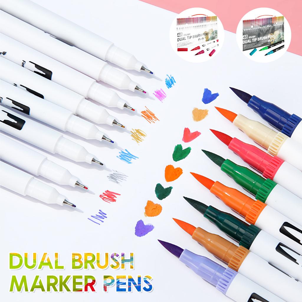 48 Pcs Double Brush Marker Pens with Portable Box 48 Colors Art Markers Set Fine and Brush Double Tip Markers Set Art Supplies