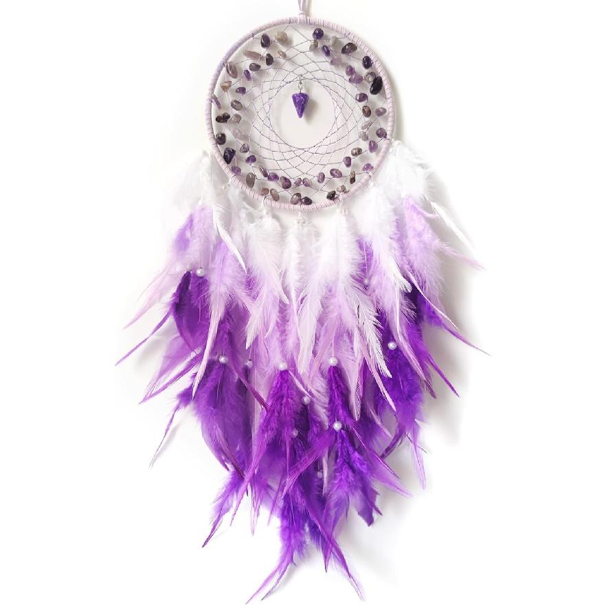 Purple Dream Catcher Wall Decor Feather Dream Catchers with Crystal Pendant Handmade Dreamcatcher Wall Hanging Ornament for Bedroom Living Room Home