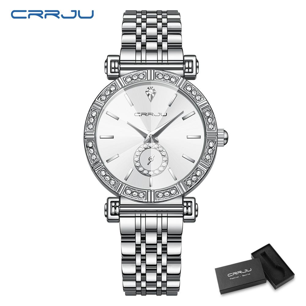 CRRJU Brand Luxury Fashion Original Ladies Watch Waterproof Ladies Watch Stainless Steel Diamond Watch Gift