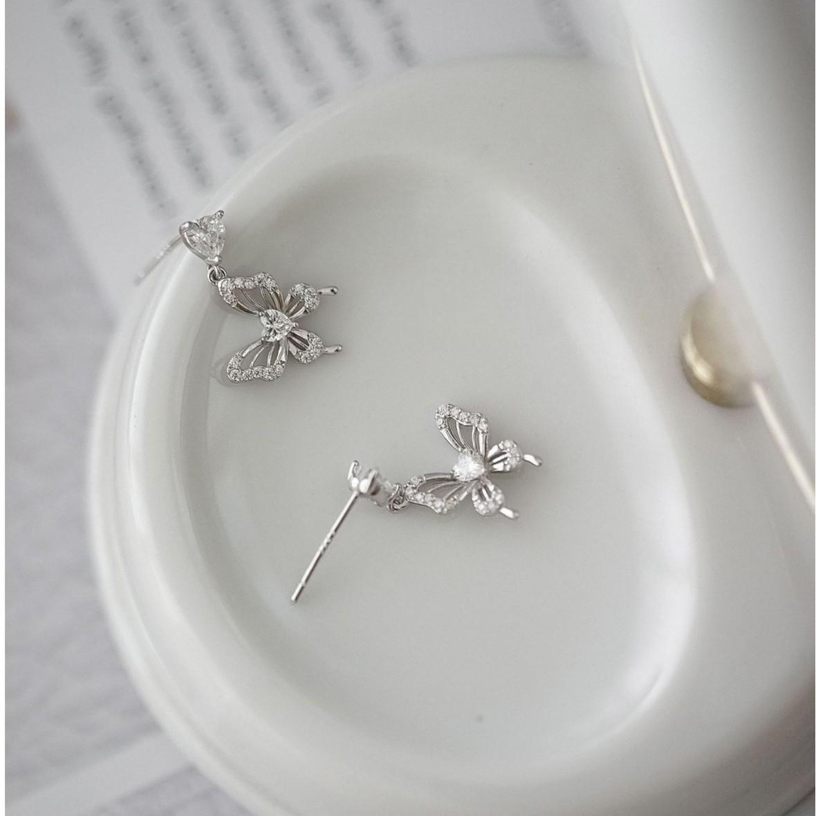 Butterfly Heart Earrings: S925 Sterling Silver with White Gold Plating and Inlaid Zirconia S925 Silver